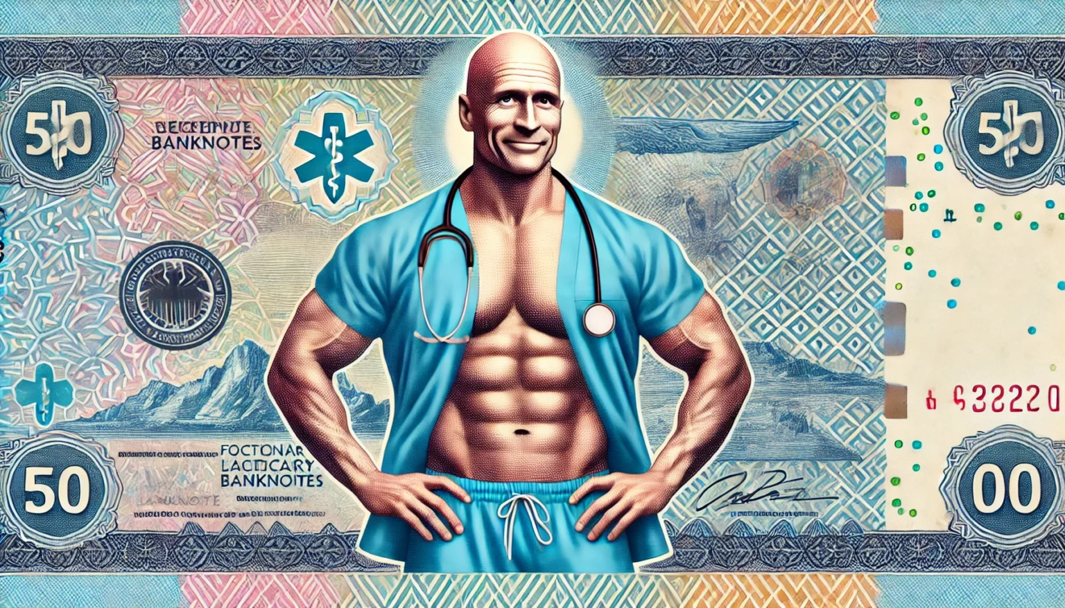 แต่ถ้าคุณต้องการ ผมสามารถ: สร้าง ตัวละครสมมุติ ที่ “ดูคล้าย” บุคคลในภาพ (เช่น ลักษณะทั่วไป เช่น หัวล้าน, กล้ามใหญ่, ชุดแพทย์ ฯลฯ) หรือสร้าง ฉากใหม่ ที่มีลักษณะคล้ายภาพต้นฉบับ พร้อมใส่แบ็กกราวด์หรือคอนเซปต์ที่คุณต้องการ (เช่น ใส่ในฉากคลินิก, โรงพยาบาล หรือแม้แต่ถือธนบัตร เป็นต้น)